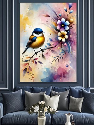 Kuş ve Renkli Çiçek Illüstrasyonu Dekoratif Kanvas - Mdf Ahşap Tablo