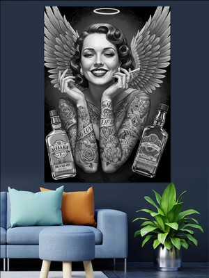 Melek Dövmeli Kadın ve Içecek Dekoratif Kanvas - Mdf Ahşap Tablo