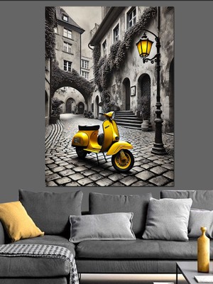 Sarı Motosiklet ve Tarihi Sokak Dekoratif Kanvas - Mdf Ahşap Tablo