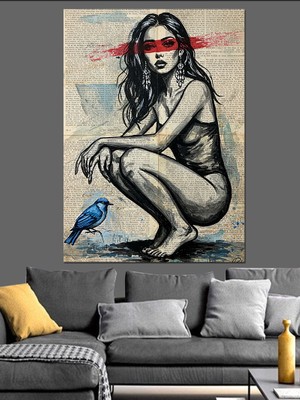 Kırmızı Bantlı Kadın ve Kuş Dekoratif Kanvas - Mdf Ahşap Tablo