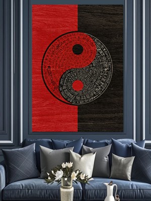 Yin-Yang ve Çizgisel Desen Dekoratif Kanvas - Mdf Ahşap Tablo