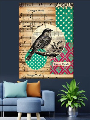 Müzik Notları ve Kuş Çizimi Dekoratif Kanvas - Mdf Ahşap Tablo