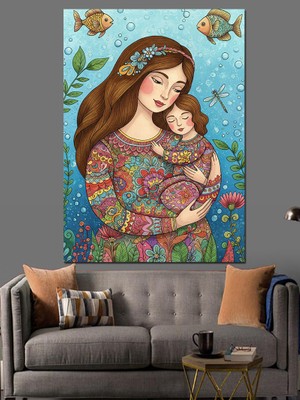 Anne ve Çocuk Illüstrasyonu Dekoratif Kanvas - Mdf Ahşap Tablo