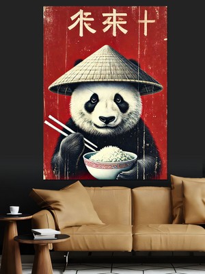 Şapkalı Panda ve Pilav Dekoratif Kanvas - Mdf Ahşap Tablo