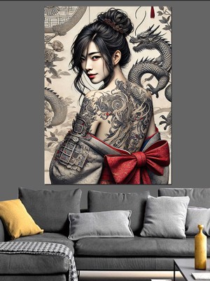 Dövmeli Kadın ve Kırmızı Kurdele Dekoratif Kanvas - Mdf Ahşap Tablo
