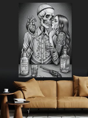 Kafatası ve Çift Portresi Dekoratif Kanvas - Mdf Ahşap Tablo