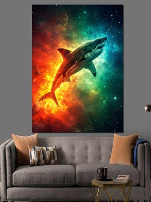Uzayda Köpekbalığı Çizimi Dekoratif Kanvas - Mdf Ahşap Tablo