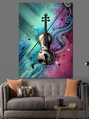 Soyut Çizgiler ve Keman Dekoratif Kanvas - Mdf Ahşap Tablo