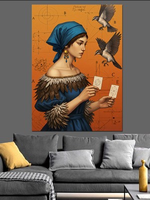 Kuşlarla Kadın Portresi Dekoratif Kanvas - Mdf Ahşap Tablo