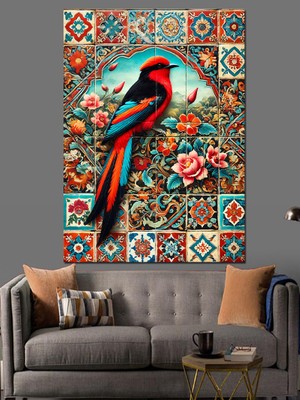 Renkli Kuş ve Çiçek Deseni Dekoratif Kanvas - Mdf Ahşap Tablo