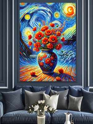 Van Gogh Tarzı Çiçek Vazosu Dekoratif Kanvas - Mdf Ahşap Tablo