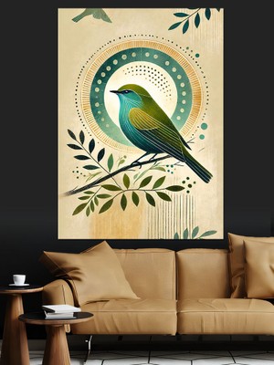 Yeşil Kuş Deseni Dekoratif Kanvas - Mdf Ahşap Tablo