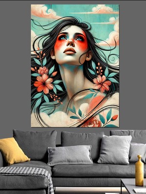 Çiçeklerle Kadın Portresi Dekoratif Kanvas - Mdf Ahşap Tablo