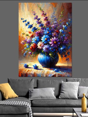 Vazoda Renkli Çiçekler Dekoratif Kanvas - Mdf Ahşap Tablo