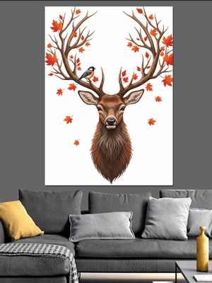 Geyik ve Sonbahar Yaprakları Dekoratif Kanvas - Mdf Ahşap Tablo