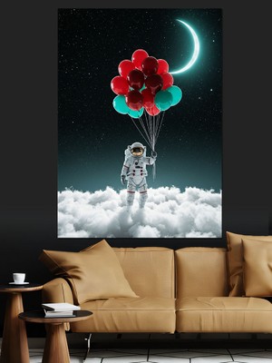 Balonlarla Astronot Dekoratif Kanvas - Mdf Ahşap Tablo