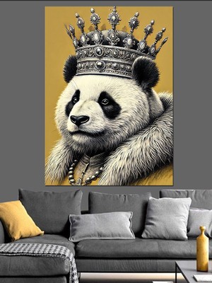 Taç Takmış Panda Dekoratif Kanvas - Mdf Ahşap Tablo