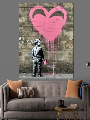 Pembe Kalp Grafiti Dekoratif Kanvas - Mdf Ahşap Tablo
