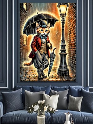 Sokak Lambası Altında Kedi Dekoratif Kanvas - Mdf Ahşap Tablo