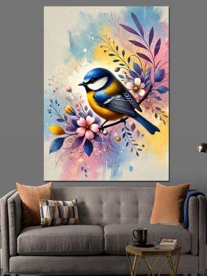 Çiçek Dalında Mavi Kuş Dekoratif Kanvas - Mdf Ahşap Tablo