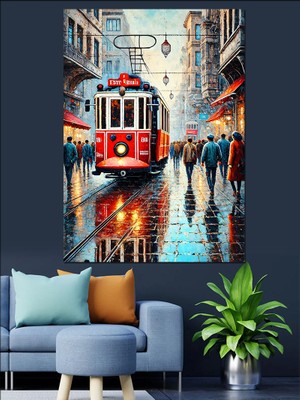Yağmurda Kırmızı Tramvay Dekoratif Kanvas - Mdf Ahşap Tablo