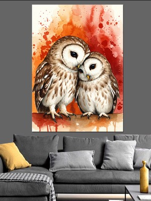 Sarılan Baykuşlar Dekoratif Kanvas - Mdf Ahşap Tablo