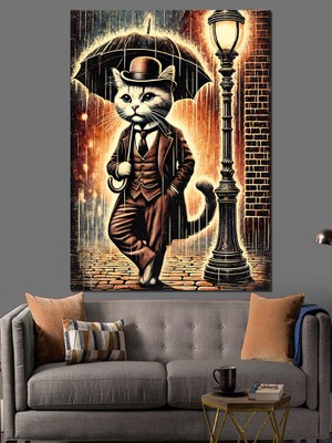 Sokak Lambası Altında Kedi Dekoratif Kanvas - Mdf Ahşap Tablo