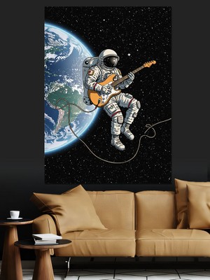 Uzayda Gitar Çalan Astronot Dekoratif Kanvas - Mdf Ahşap Tablo