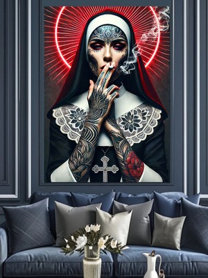 Gotik Kadın ve Haç Dekoratif Kanvas - Mdf Ahşap Tablo