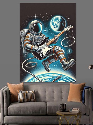 Uzayda Gitar Çalan Astronot Dekoratif Kanvas - Mdf Ahşap Tablo