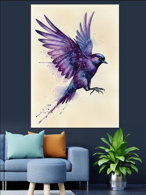 Mor Kanatlı Kuş Dekoratif Kanvas - Mdf Ahşap Tablo