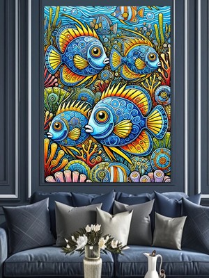 Renkli Balık Deseni Dekoratif Kanvas - Mdf Ahşap Tablo