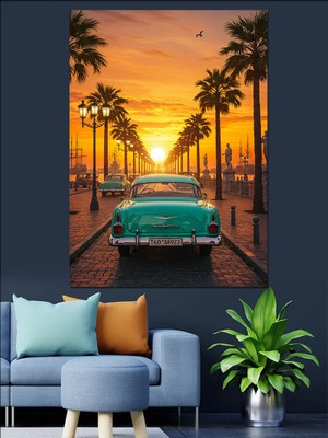 Palmiye Ağaçları ve Retro Araba Dekoratif Kanvas - Mdf Ahşap Tablo