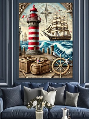 Deniz Feneri ve Gemi Motifi Dekoratif Kanvas - Mdf Ahşap Tablo
