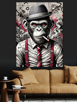 Sigara Içen Şapkalı Maymun Dekoratif Kanvas - Mdf Ahşap Tablo