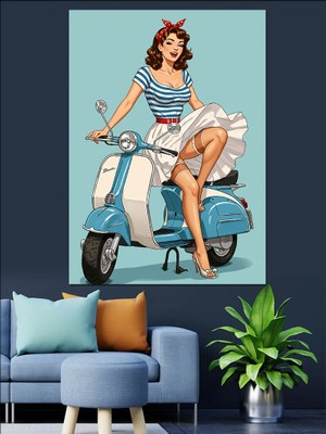 Retro Kadın ve Scooter Dekoratif Kanvas - Mdf Ahşap Tablo