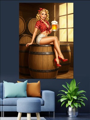 Fıçı Üzerinde Retro Kadın Dekoratif Kanvas - Mdf Ahşap Tablo