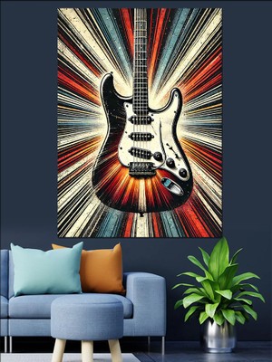 Elektro Gitar ve Renkli Işıklar Dekoratif Kanvas - Mdf Ahşap Tablo