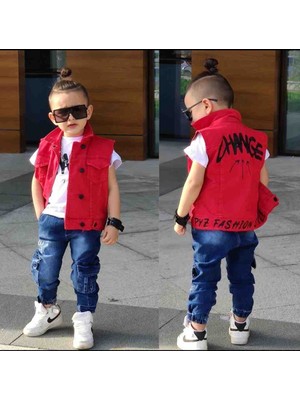 Poyraz Fashion Kids Erkek Çocuk Kot Kargo Pantalon Sıfır Kollu Kırmızı Yelek ve Tişört Takım Bayramlık Kombin