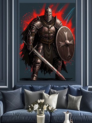 Zırhlı Savaşçı ve Kalkan Dekoratif Kanvas - Mdf Ahşap Tablo