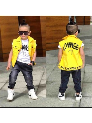 Poyraz Fashion Kids Erkek Çocuk Kargo Cepli Kot Pantalon Sarı Yelek ve Tişört Takım Bayramlık Kombin
