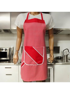 Pötikare Kırmızı Desenli Ayarlanabilir Cepli Su ve Leke Itici Özelliği Bulunan Mutfak Önlüğü