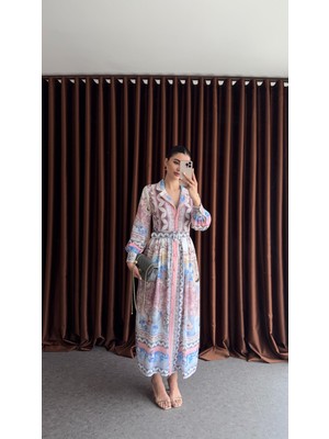 Vintage Harita Desenli Kemerli Gömlek Elbise