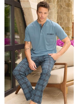 Pijama Evi Mavi Ekose Patlı Cep Detaylı Kısa Kollu Erkek Pijama Takımı