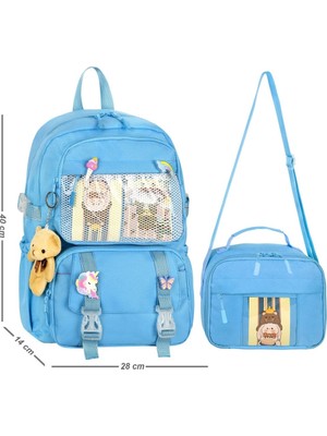 Waddell Kawaii Kore Tarzı Aksesuarlı İlkokul Sırt ve Beslenme Çantası Mavi 25001