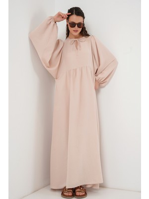 Bigdart Kadın Balon Kol Uzun Tesettür Elbise 2464 - Bej