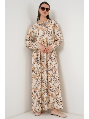 Bigdart 1947 Desenli Uzun Elbise - Bej