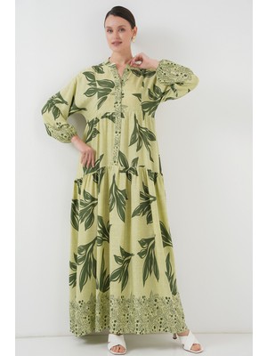2423 Otantik Desenli Tesettür Elbise - Yeşil 4