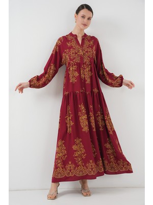 Bordo Gold Desenli Tesettür Elbise 2423