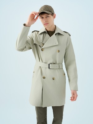 Loft Regular Fit Erkek Trenchcoat Taş Renk Uzun Kol Düz Desenli %100 Pamuk Malzemeli